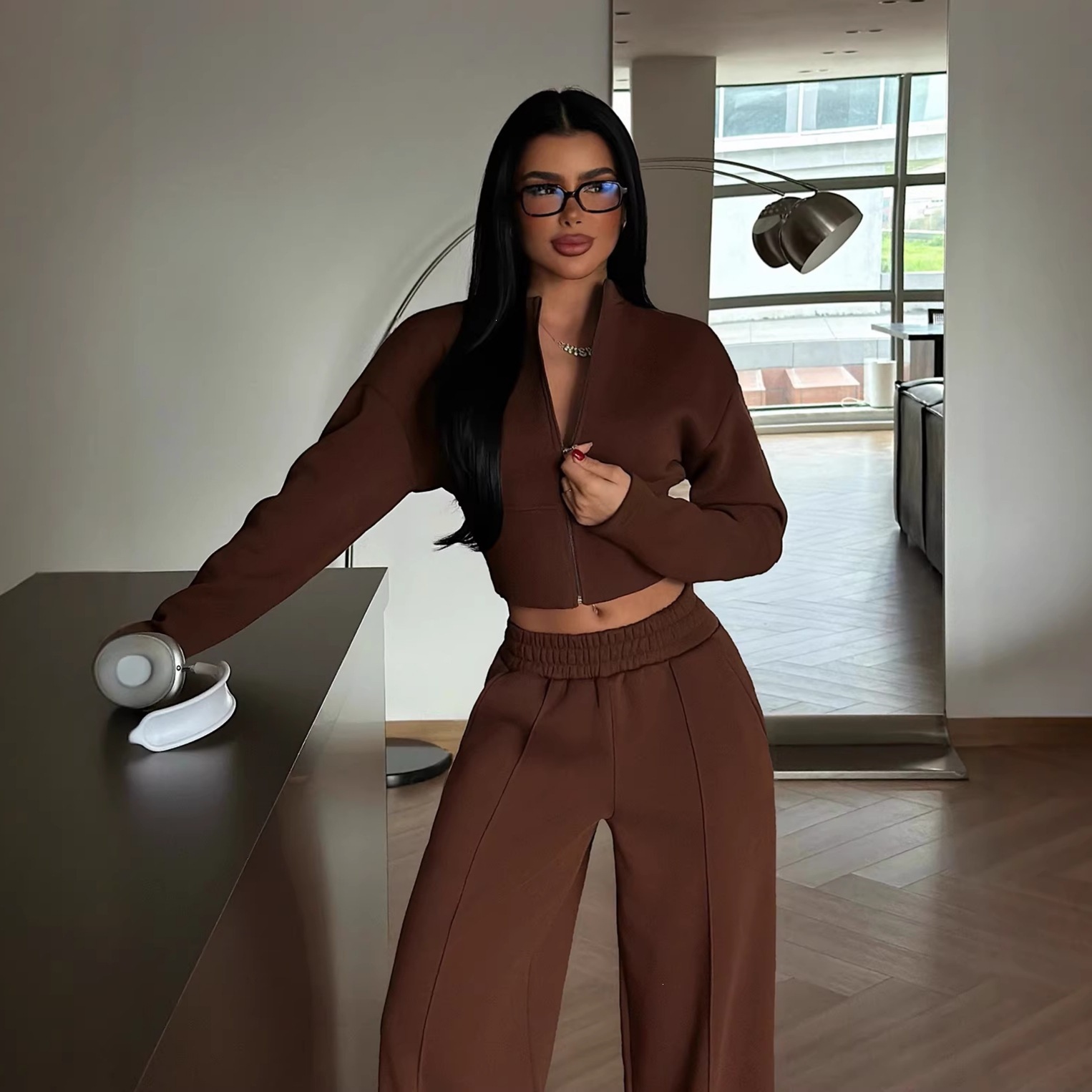 Women's Zip-Up Cardigan and Tie-Waist Pants Two-Piece Set