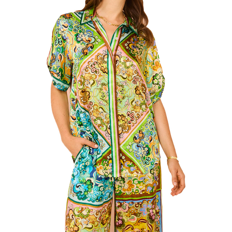 Retro Print Two-Piece Set with Lantern Sleeves and Collared Shirt