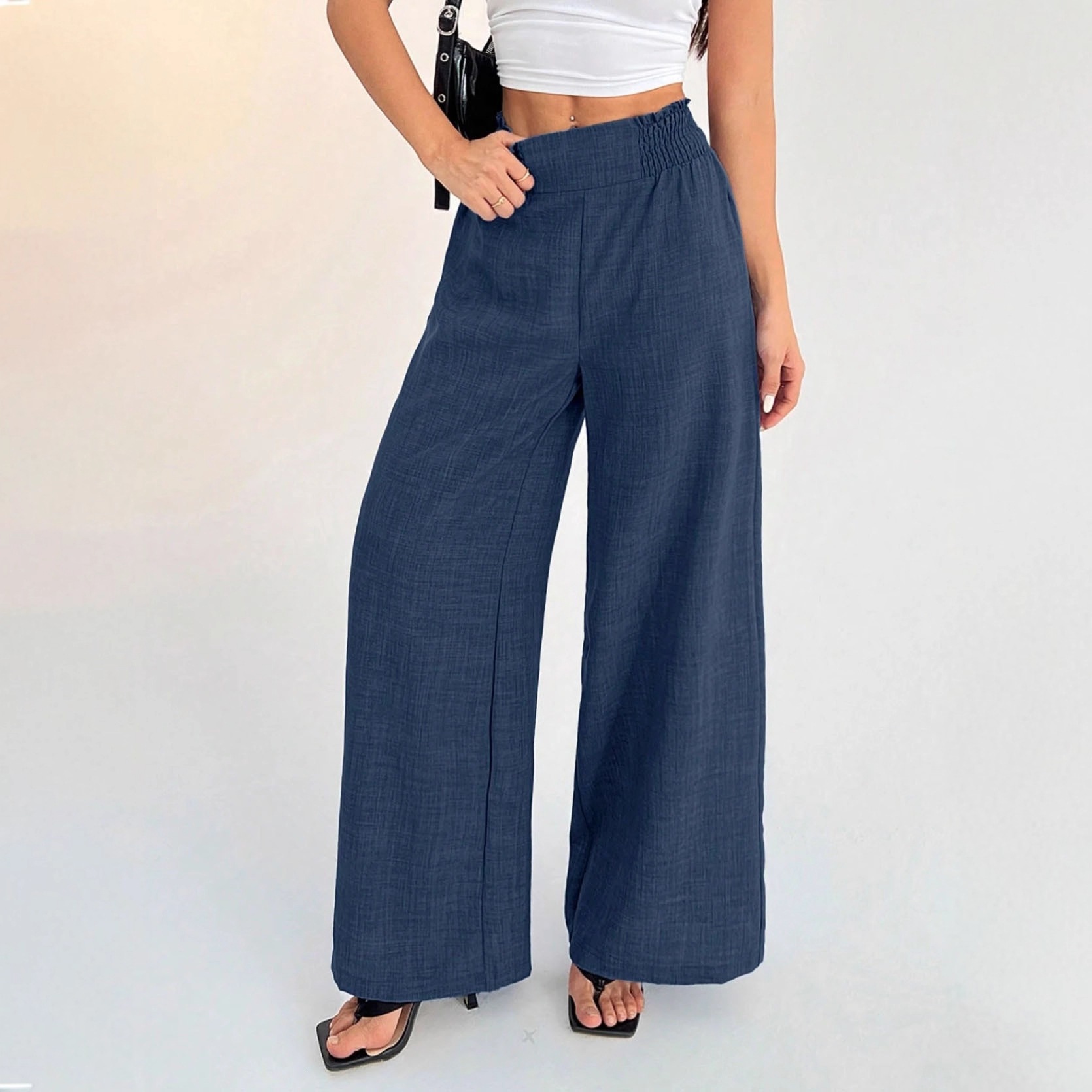 Women's Wide-Leg Pants Elastic Waist Loose Straight-Leg