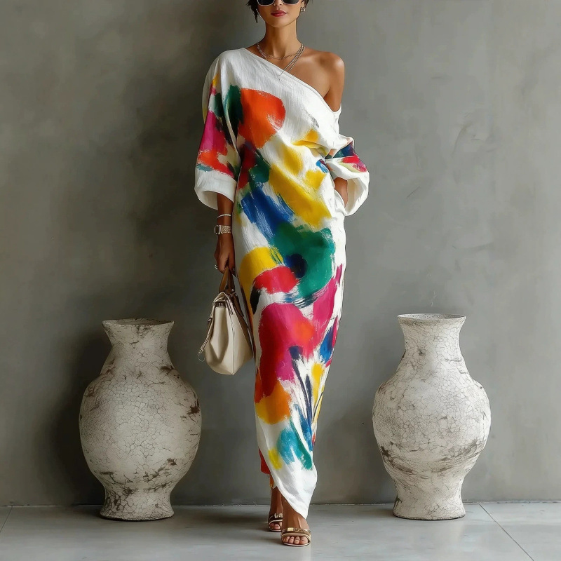 Women's Printed Plus Size French-Style Midi Dress with Asymmetrical Neckline