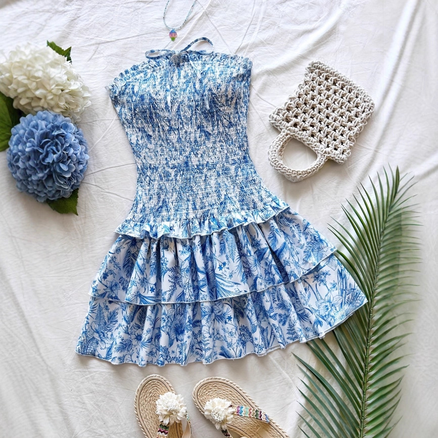 Women's Elegant A-Line Ruffle Floral Print Strapless Dress