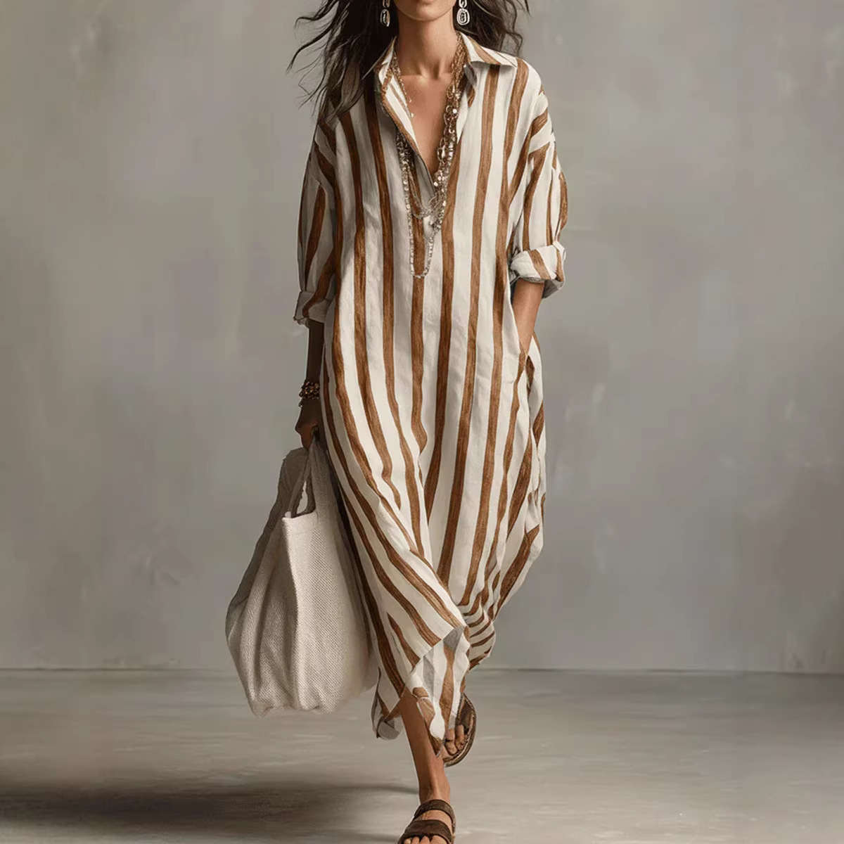 Women's Loose V-Neck Striped Long Shirt Dress with 3/4 Sleeves