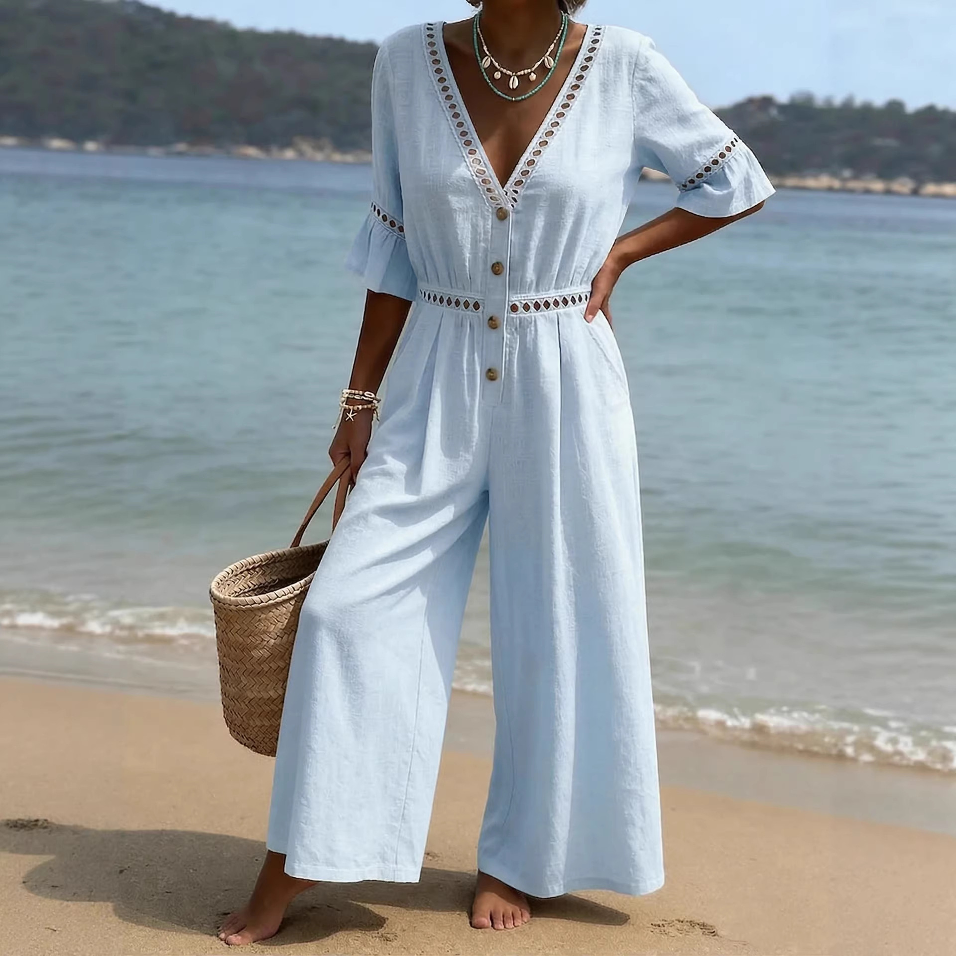 Women's Lace Trim Short Sleeve V-Neck Long Jumpsuit Solid Casual Vacation
