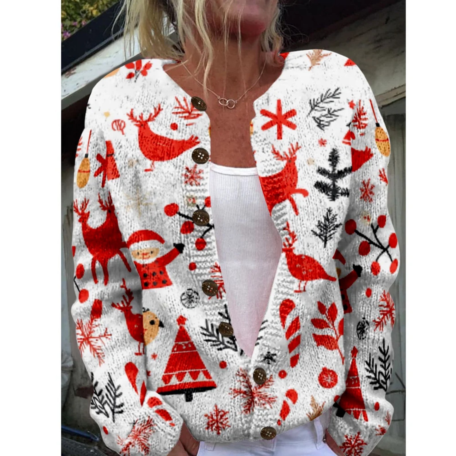 Women's Christmas Santa Print Button Cardigan Sweater