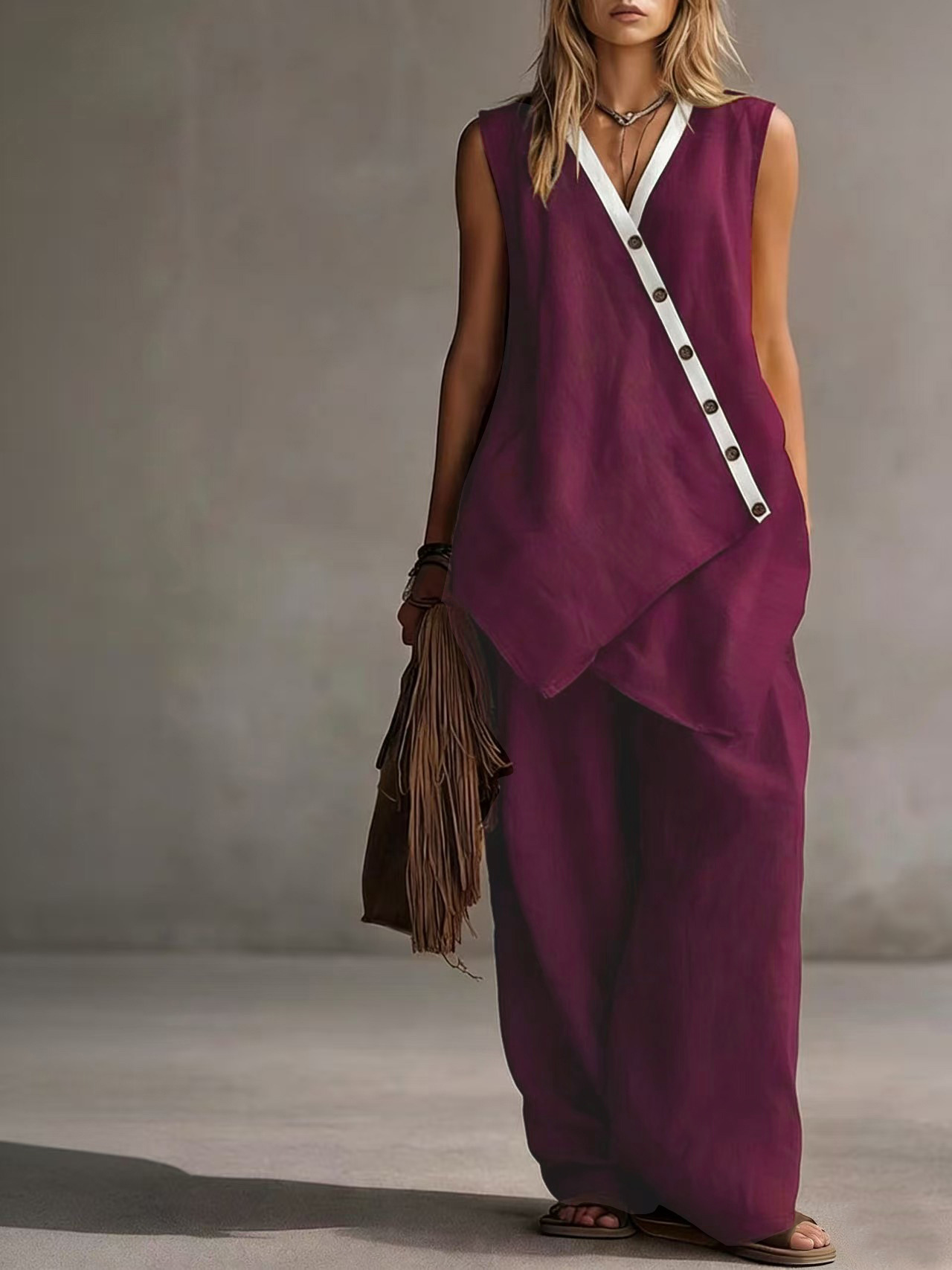 Bohemian V-Neck Button Tank Top & Wide-Leg Pants Casual Set