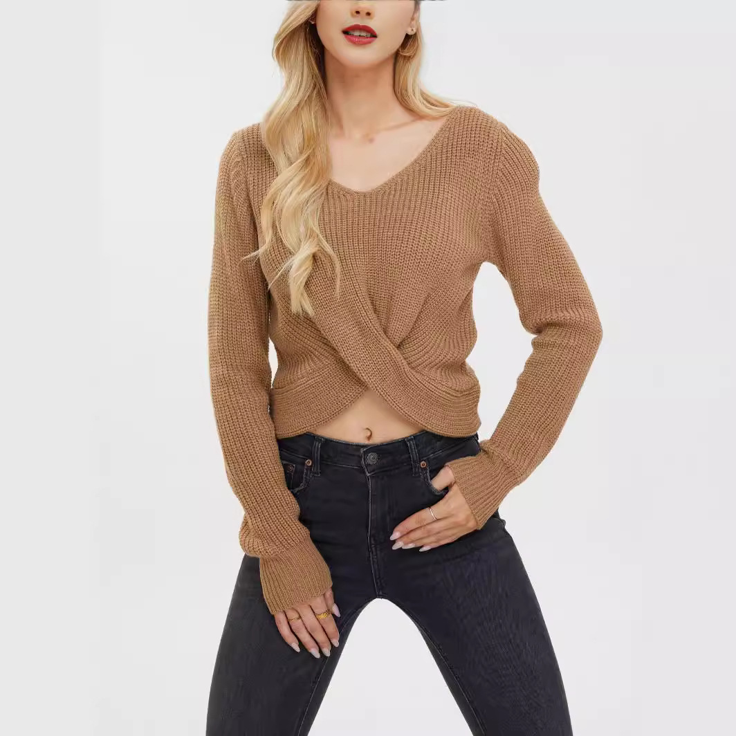 V-Neck Twist-Front Cropped Cable-Knit Sweater