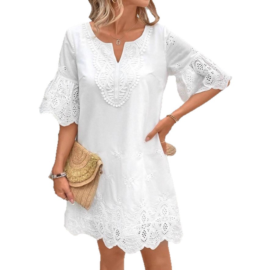 Solid Color Hollow-Out Lace Trim V-Neck Short Sleeve Dress