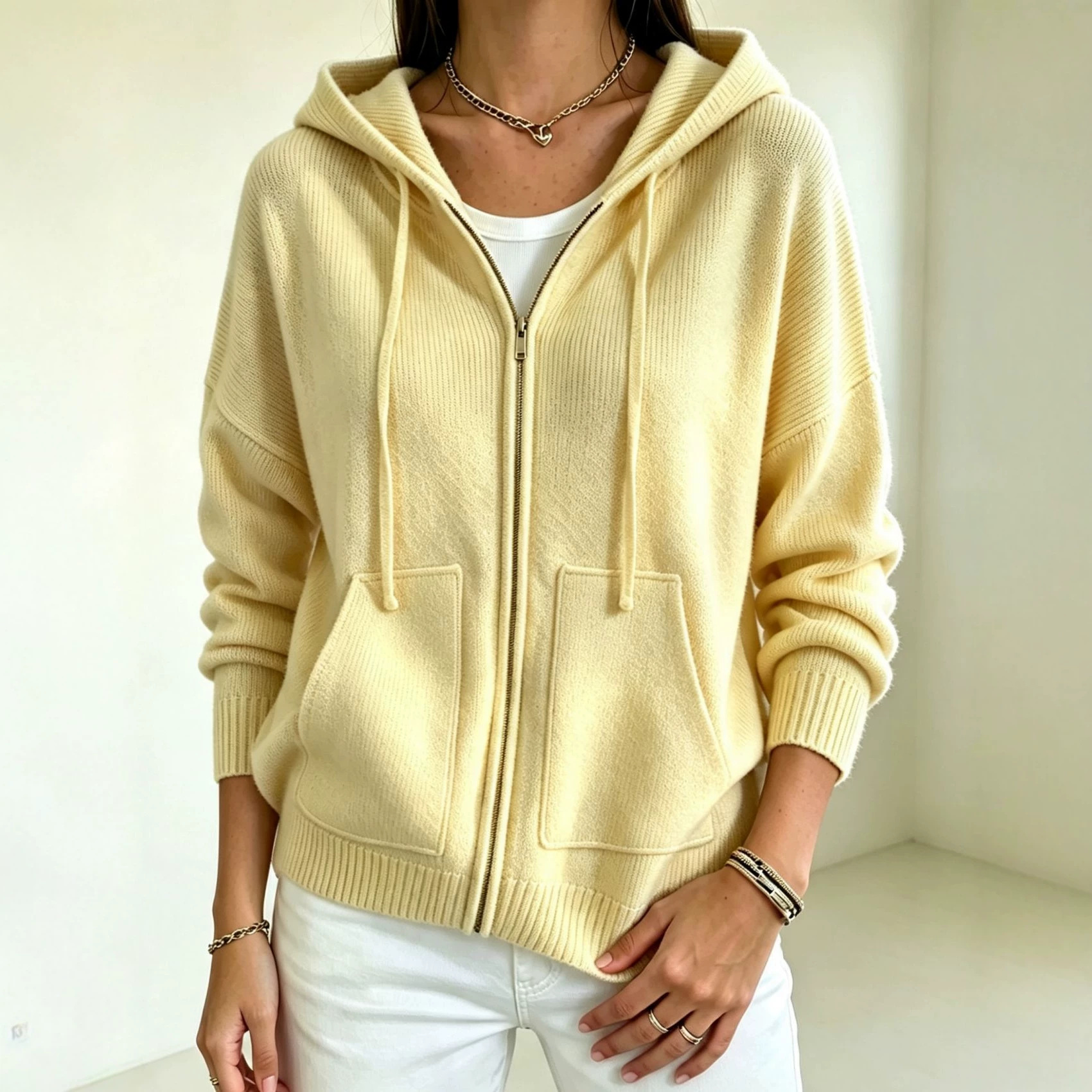 Women's Solid Hooded Zip-Up Knit Cardigan Loose Fit