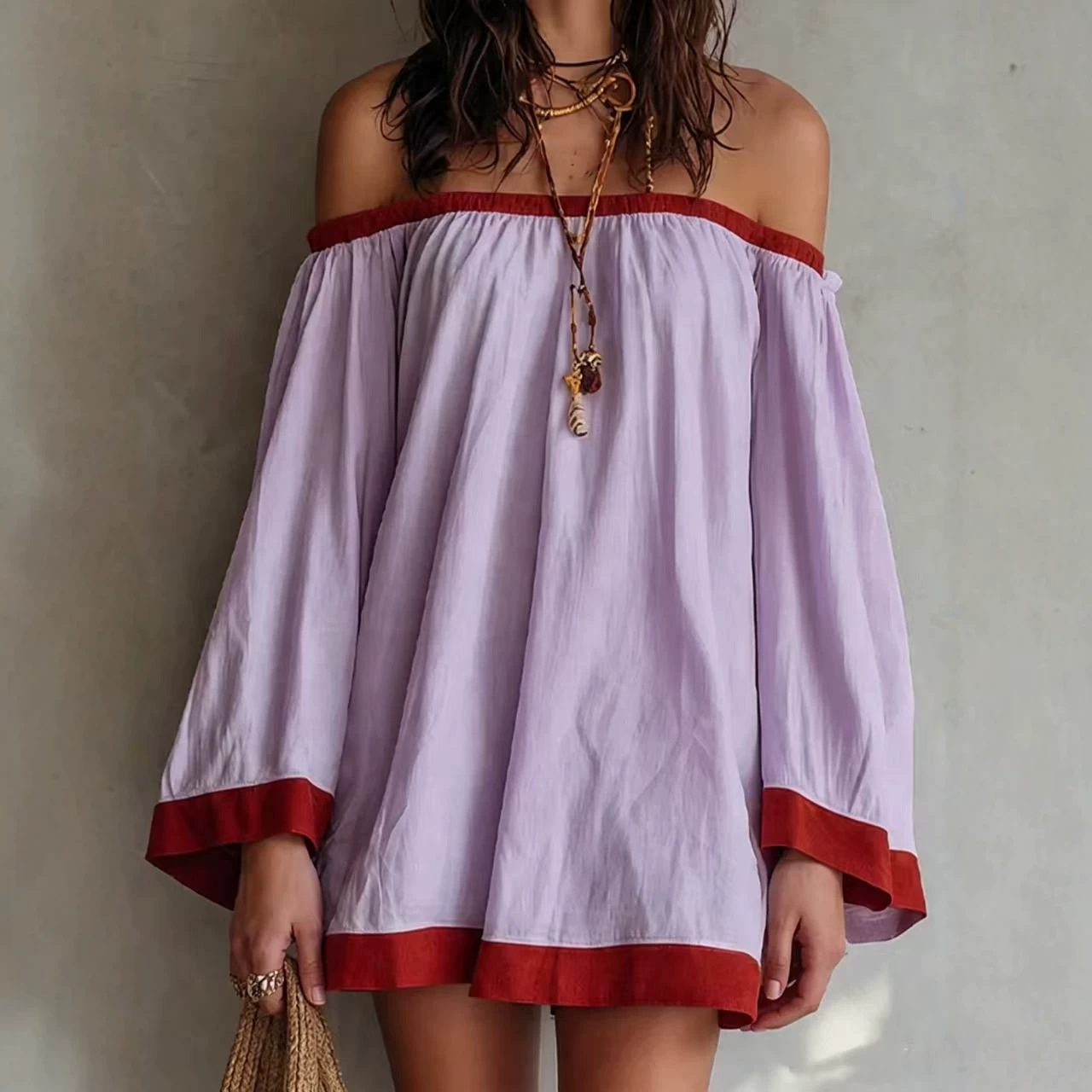 Retro Color-Block Shirt Dress with Red Trim Bell Sleeves