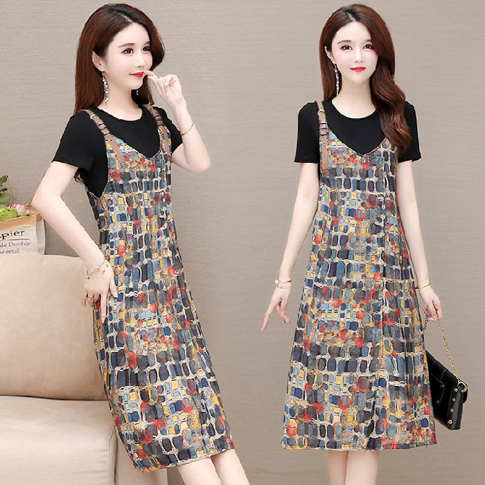 Plus Size Women's Summer Short Sleeve A-Line Dress with Faux Two-Piece Color Block Print
