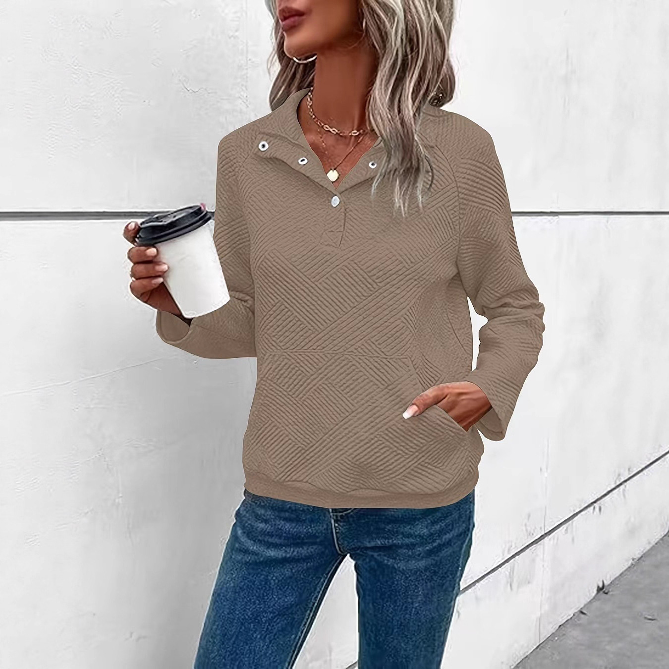 Solid Textured Buttoned Collared Long-Sleeve Sweatshirt Loose Fit
