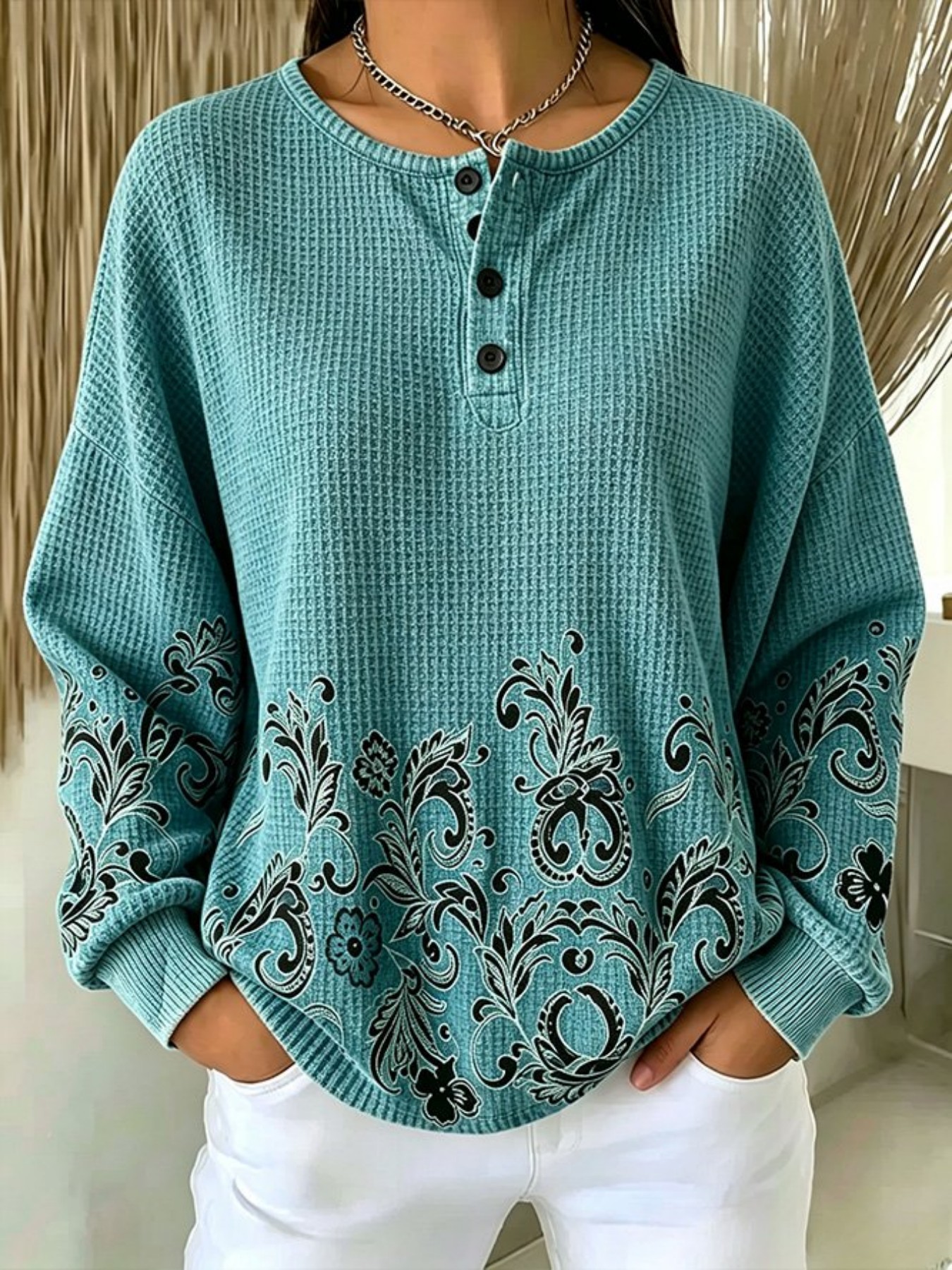 Women's Vintage Floral Print Button Sweatshirt