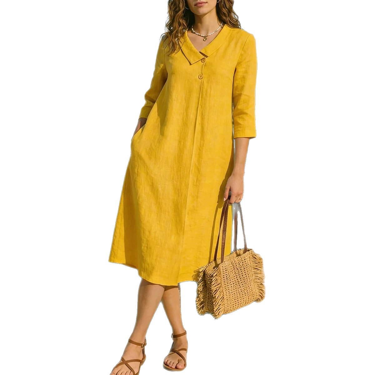 Women's Solid Color French Collar Midi Dress