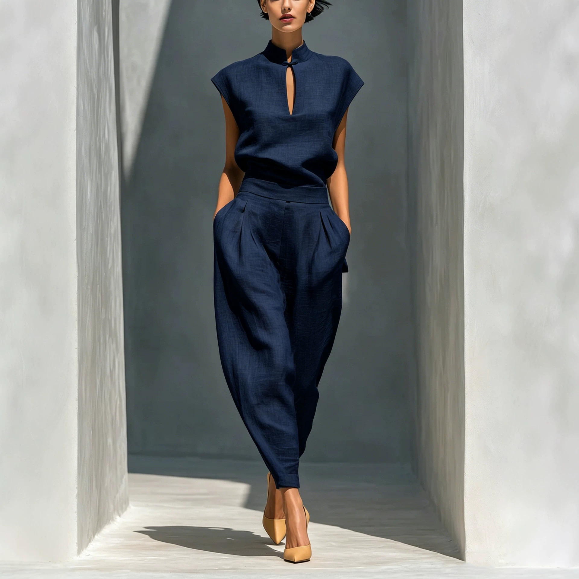 Elegant Women's Stand-Collar Cutout Top and High-Waist Barrel Pants Set
