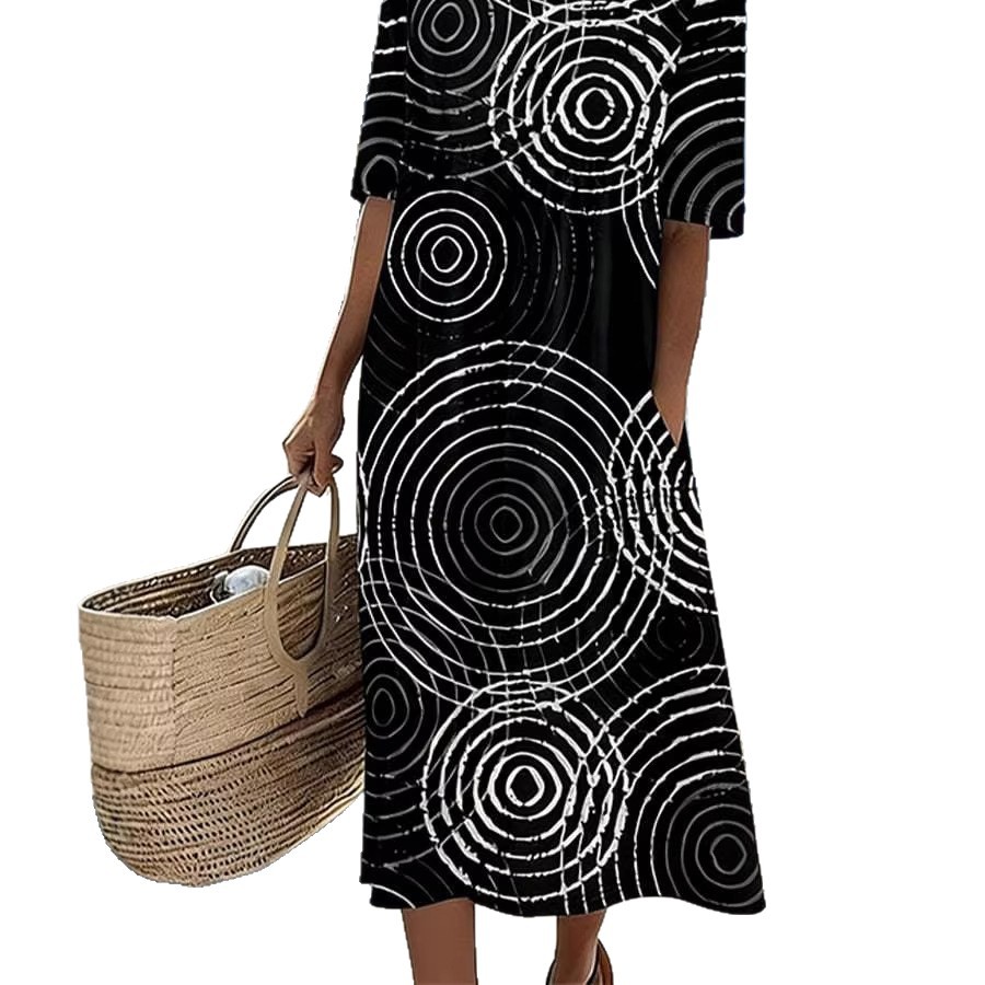 Women's Casual Vacation Dress with Abstract Concentric Circle Geometric Print, Short Sleeve, Black