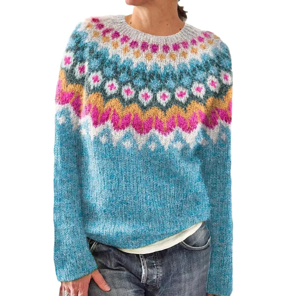 Women's Color-Block Crewneck Pullover Knit Sweater