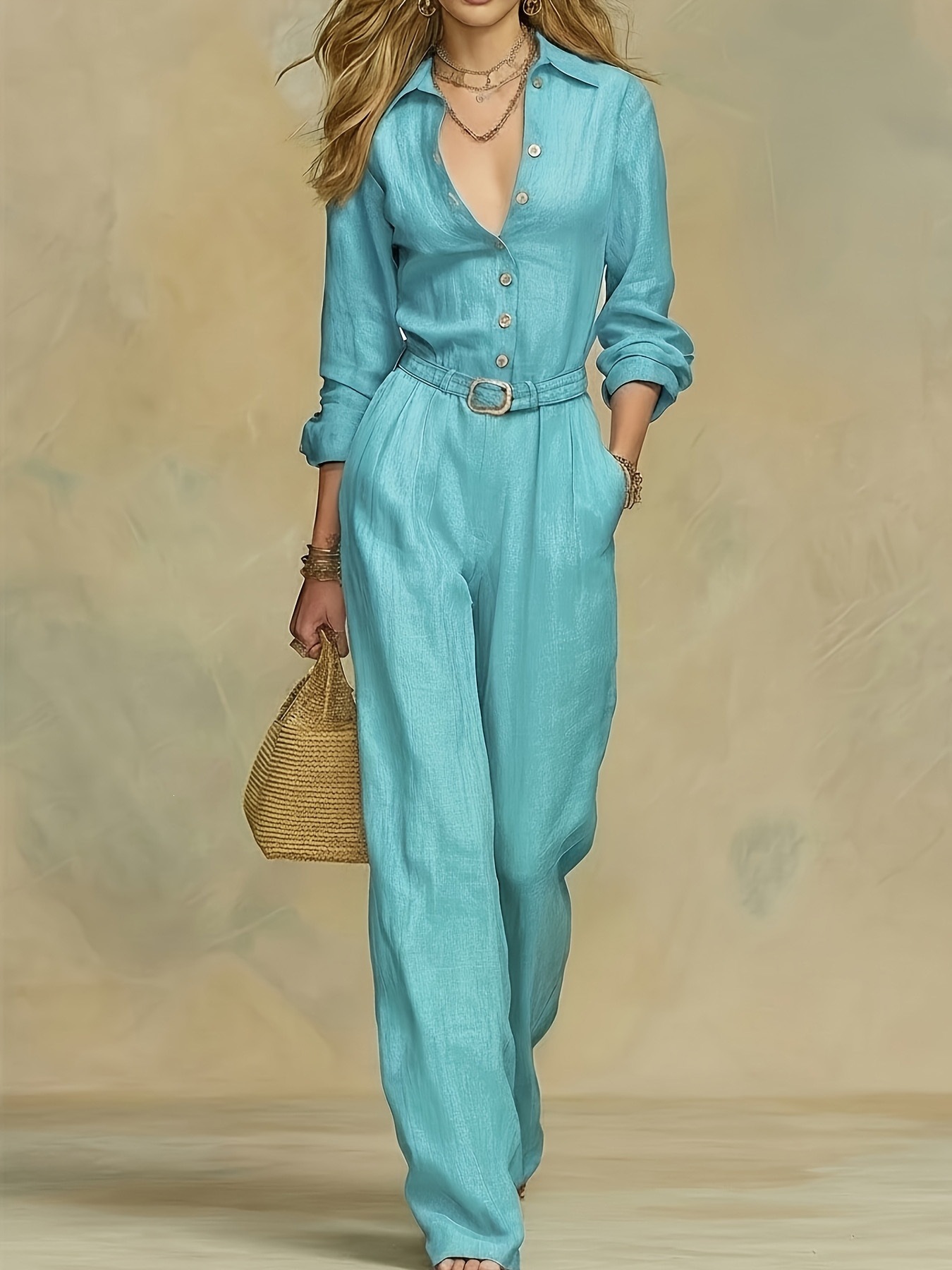 Elegant Solid Color Long Sleeve Jumpsuit Set with Belt