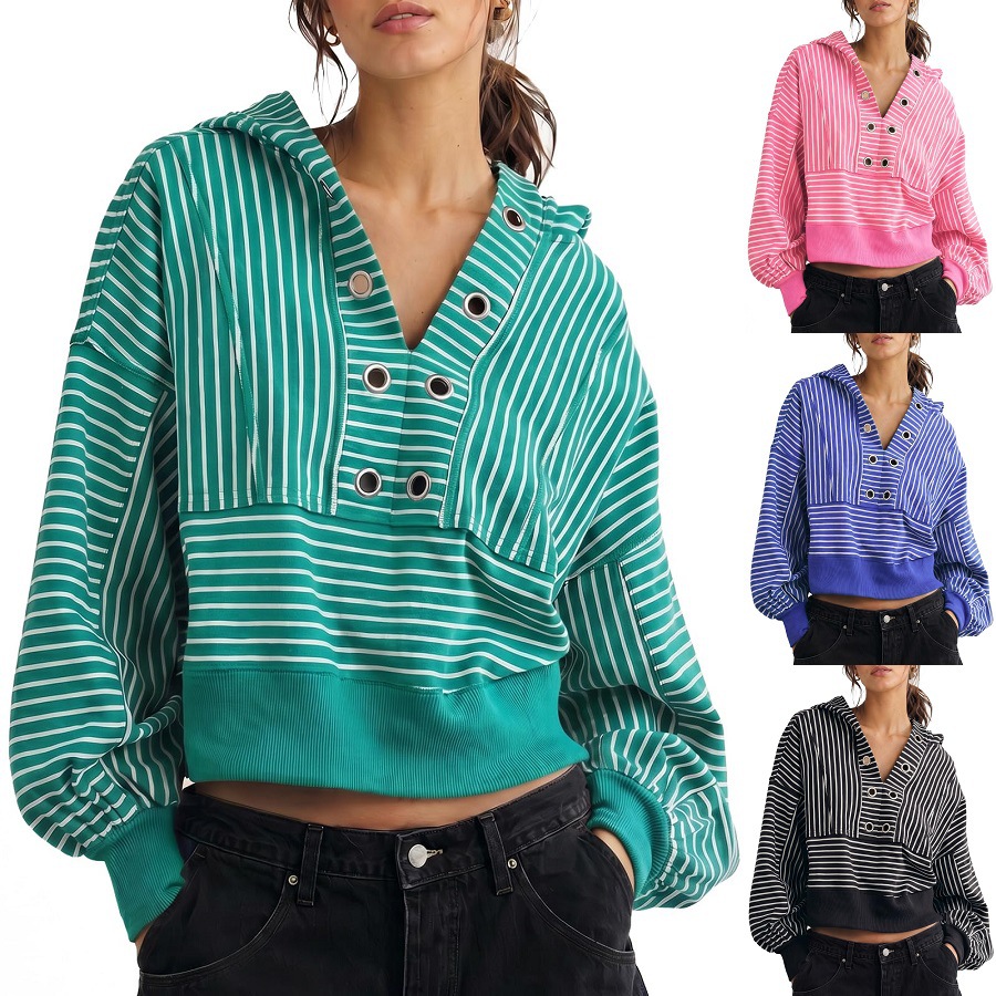 Women's Striped Short V-Neck Hooded Loose Sweatshirt