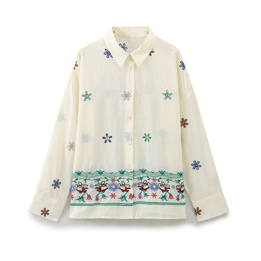 Women's Embroidered Collared Shirt & Casual Pants Set