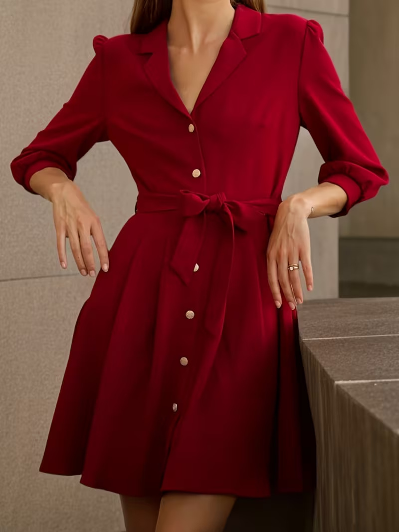 Elegant Retro A-Line Shirt Dress with Tie and Puff Sleeves