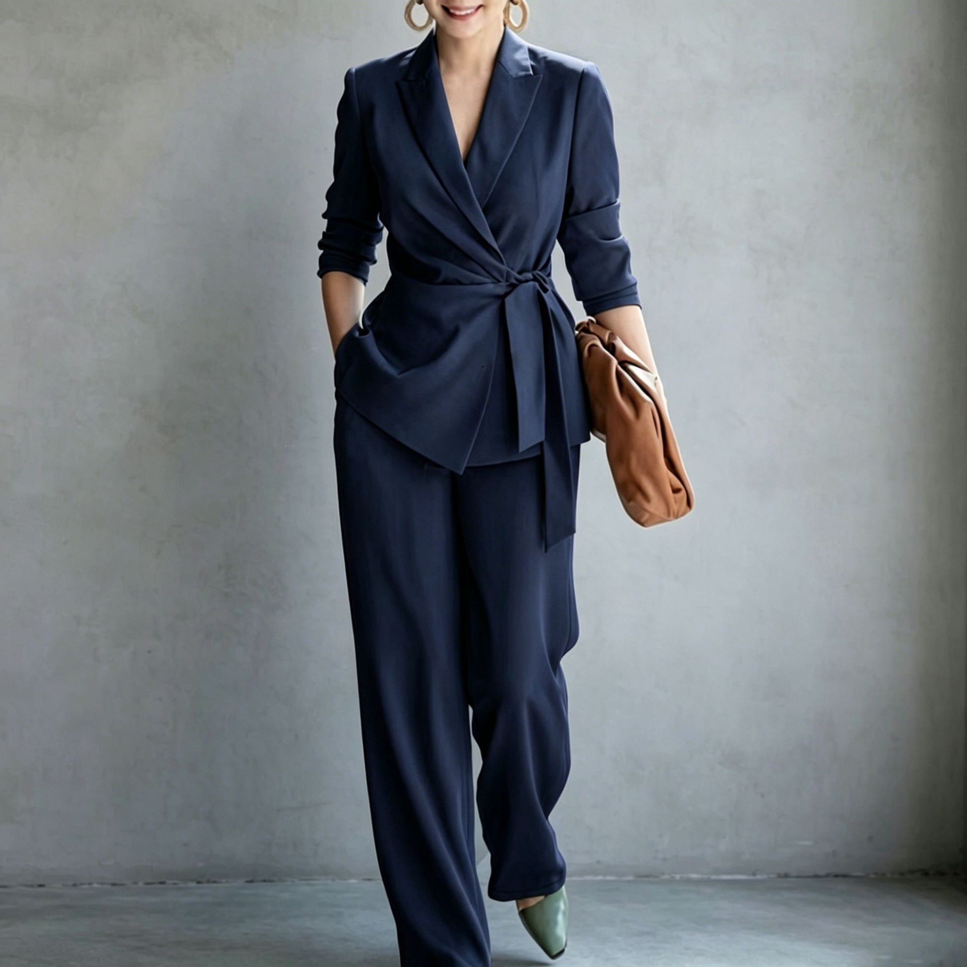 Women's Solid Color Belted Blazer and Pants Two-Piece Set