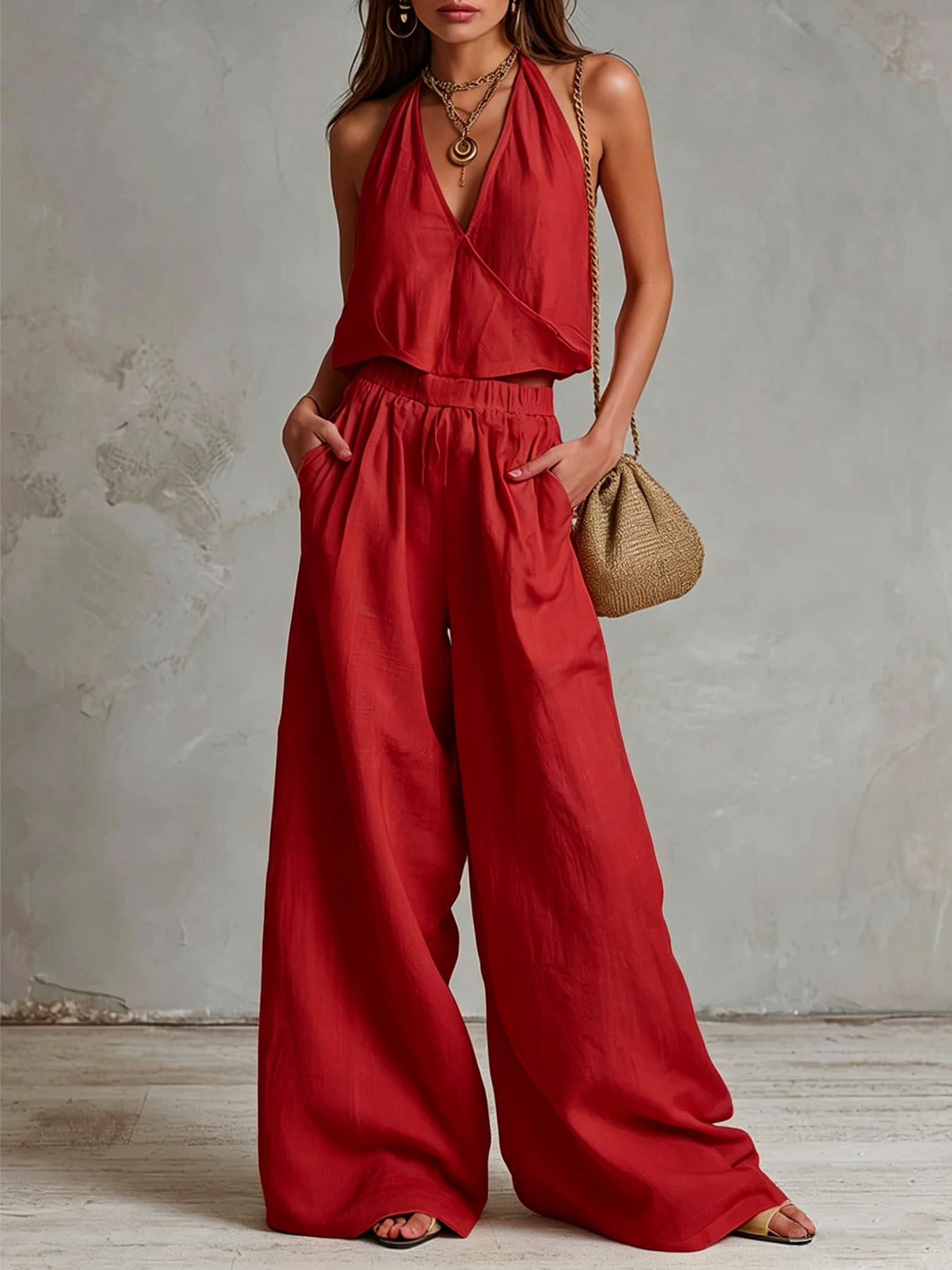 Women's Summer Bohemian Cotton-Linen Tank Top and Pants Two-Piece Set