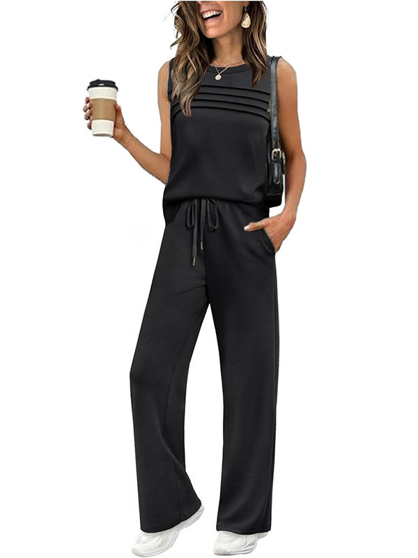 Women's Textured Sleeveless Vest & Wide-Leg Pants Set with Drawstring Pockets