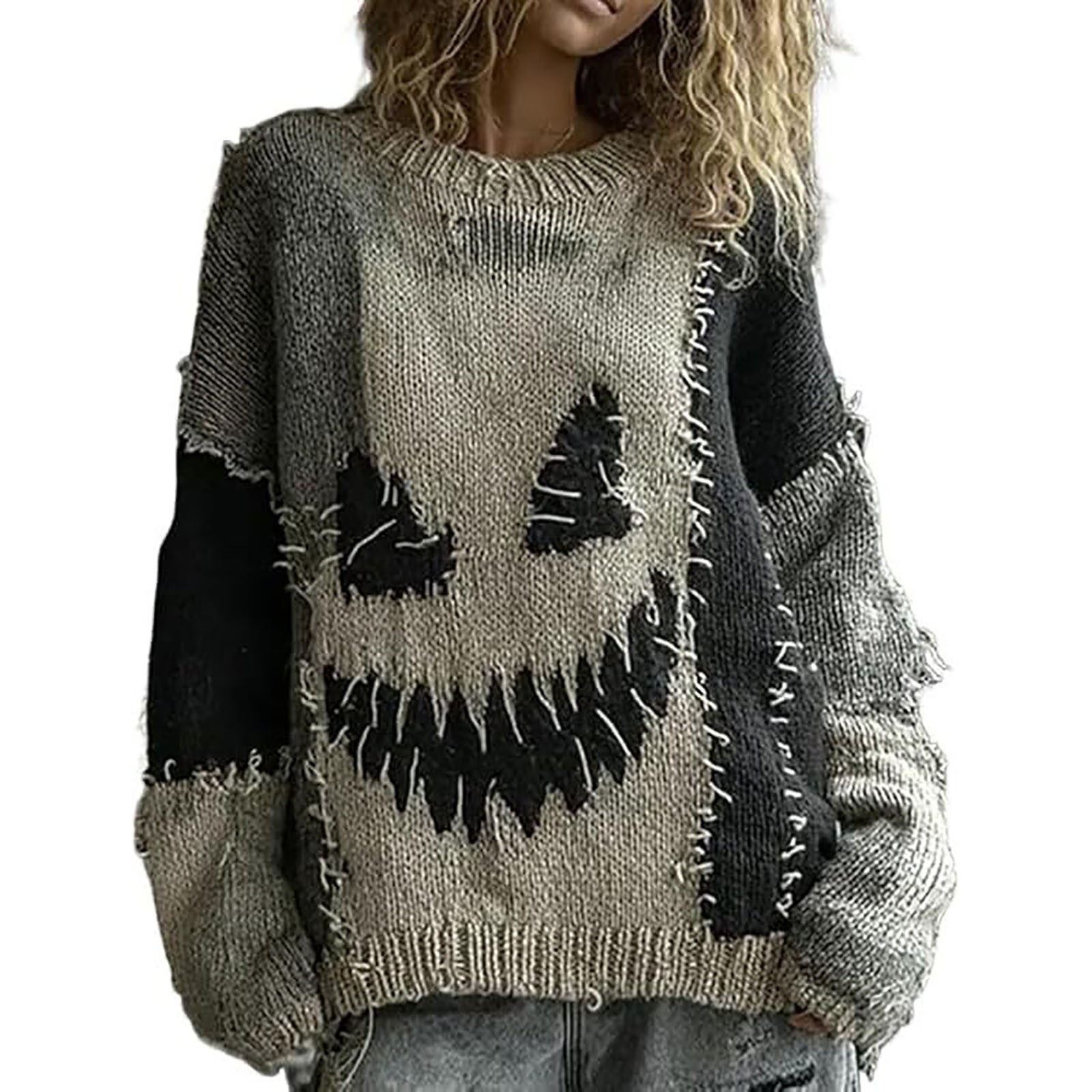 Women's Evil Smiley Cat Print Crewneck Sweatshirt