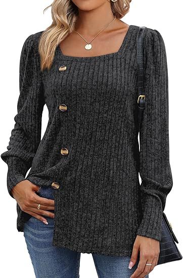 Ribbed Square Neck Puff Sleeve Split Sweater