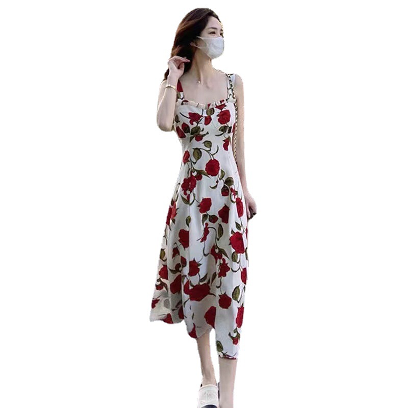 Rose Print Midi Slip Dress Square Neck A-Line