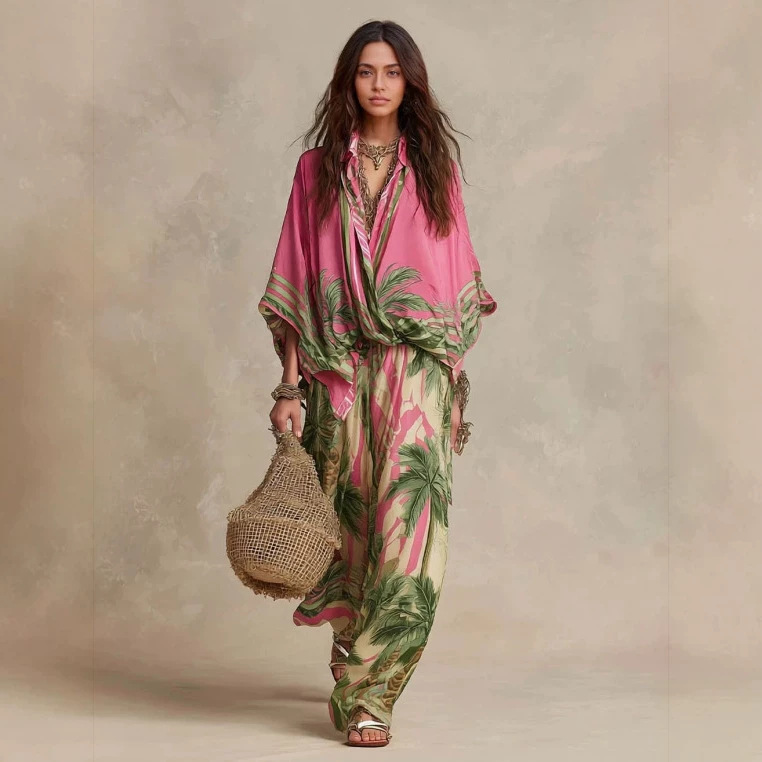 Women's Two-Piece Set with Print, Loose Fit, Round Neck, Batwing Sleeves, High Waist, Long Skirt, Rose Red