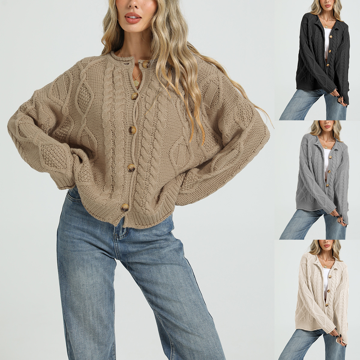 Women's Cable-Knit Cardigan Sweater Loose Fit Button-Up