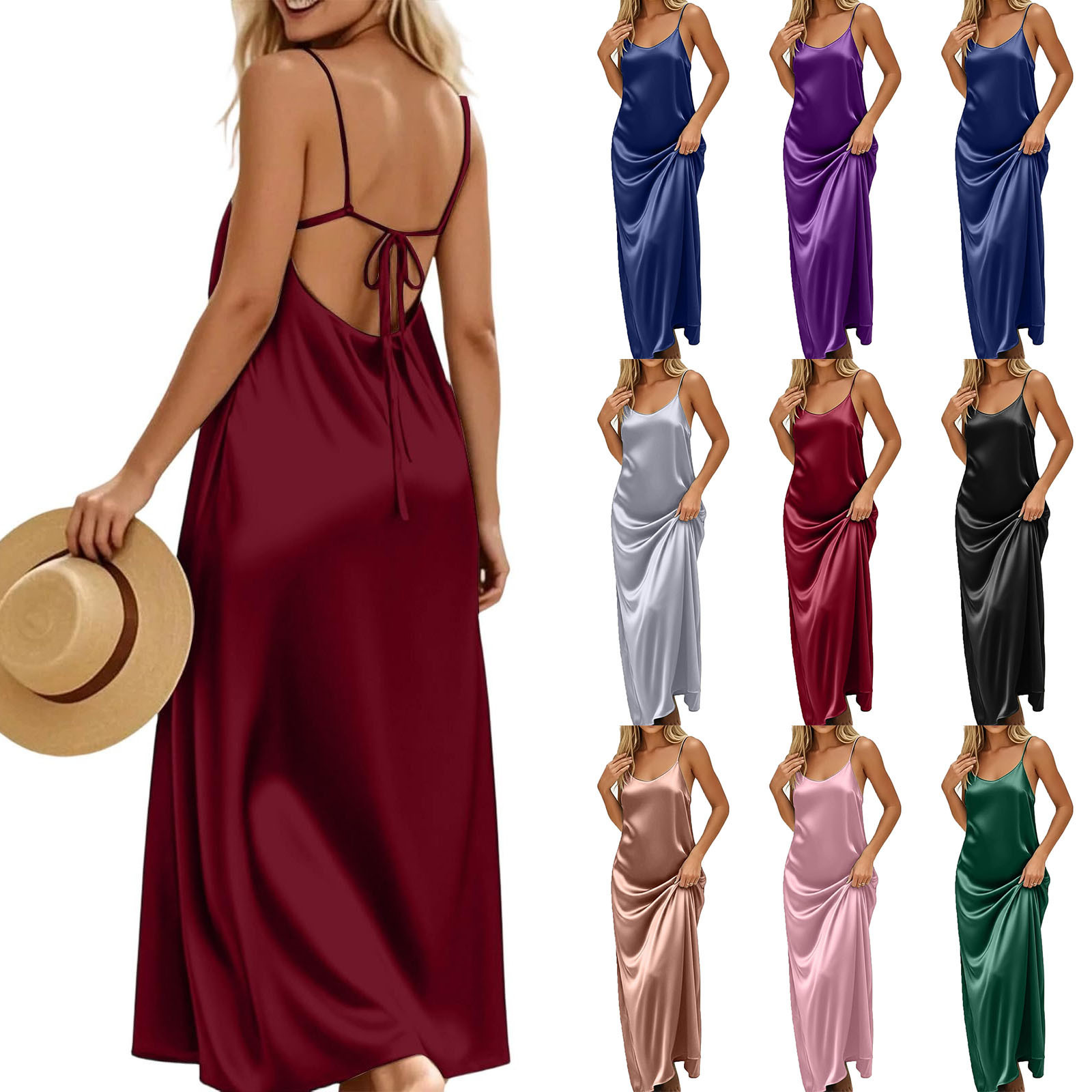 Women's Backless Tie-Strap Low-Neck Solid Color Bodycon Long Dress