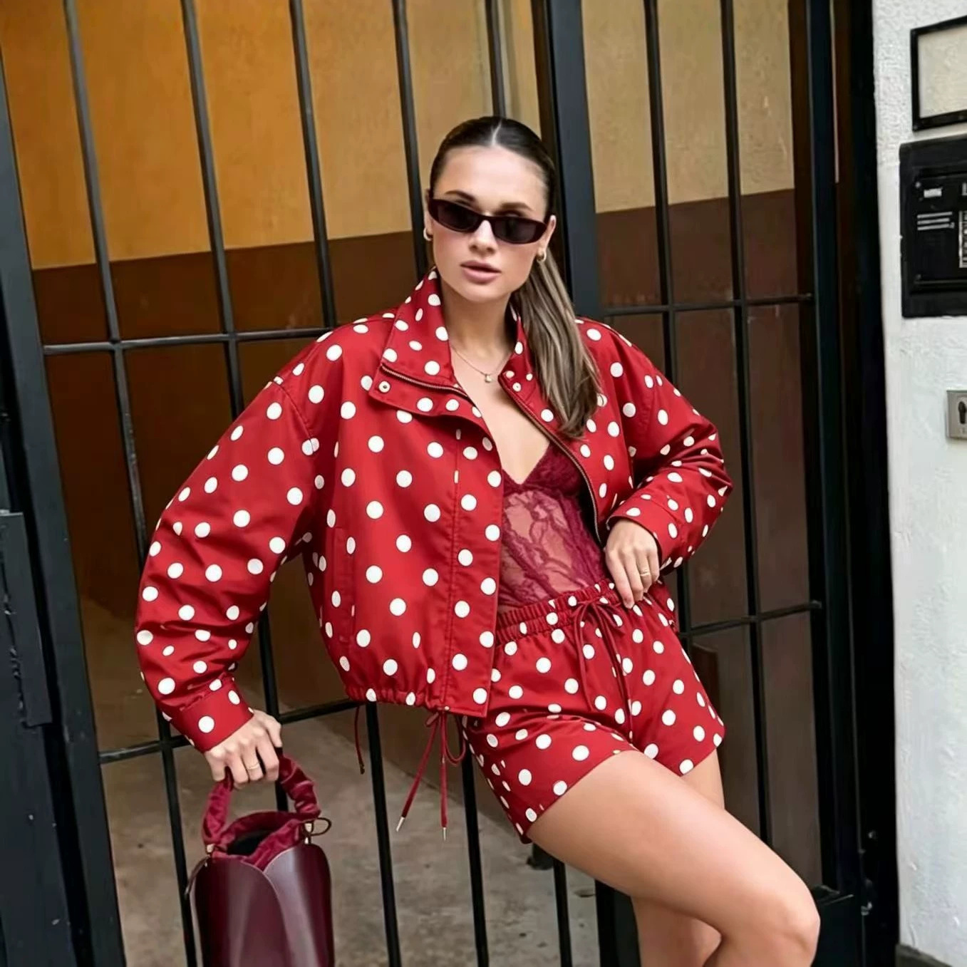 Women's Polka Dot Zip-Up Jacket with Drawstring Stand Collar