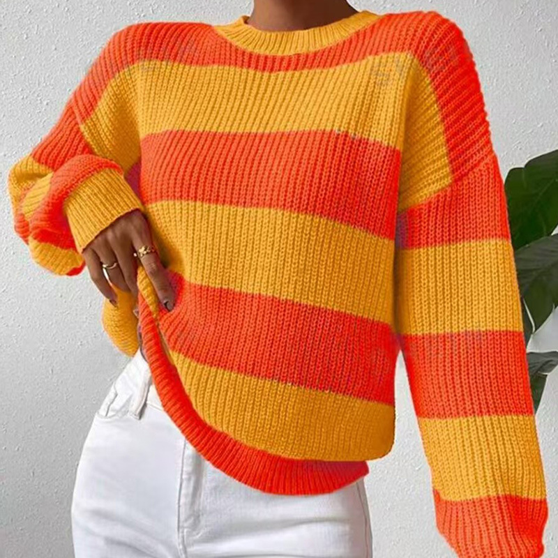 Striped Crewneck Pullover Sweater Loose Fit Long Sleeve Knit Top