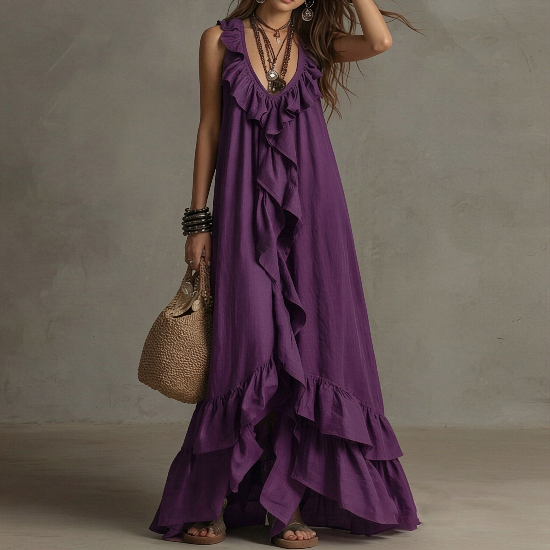 French Vintage Sleeveless Ruffle V-Neck Dress