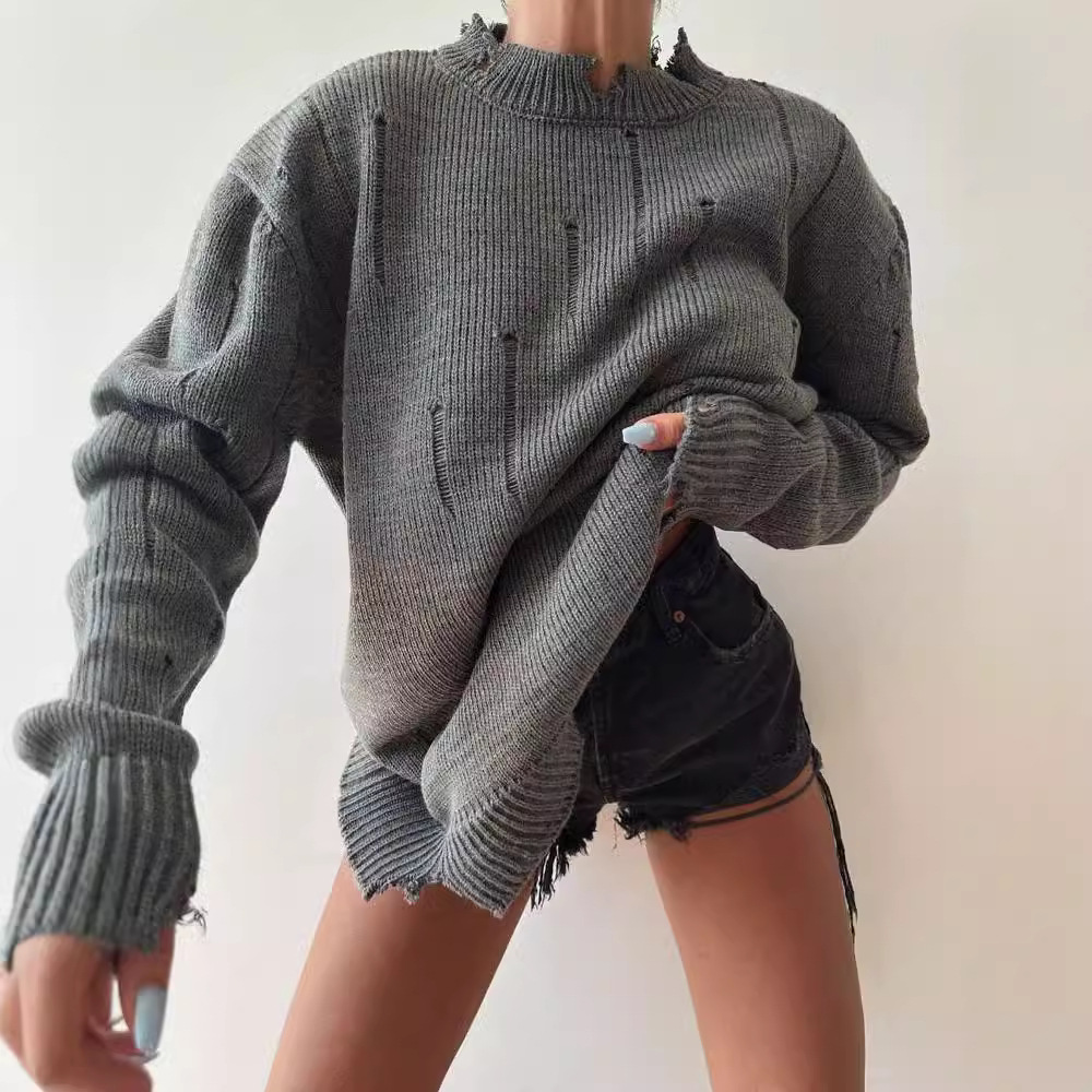 Women's Loose Distressed Crewneck Pullover Sweater