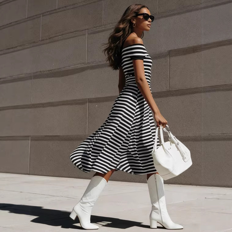 Retro Black and White Striped Off-Shoulder A-Line Midi Dress