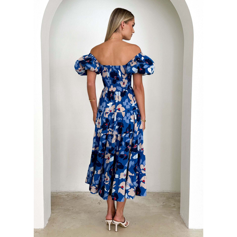 Square Neck Lantern Sleeve High Waist Off-Shoulder Loose Long Dress