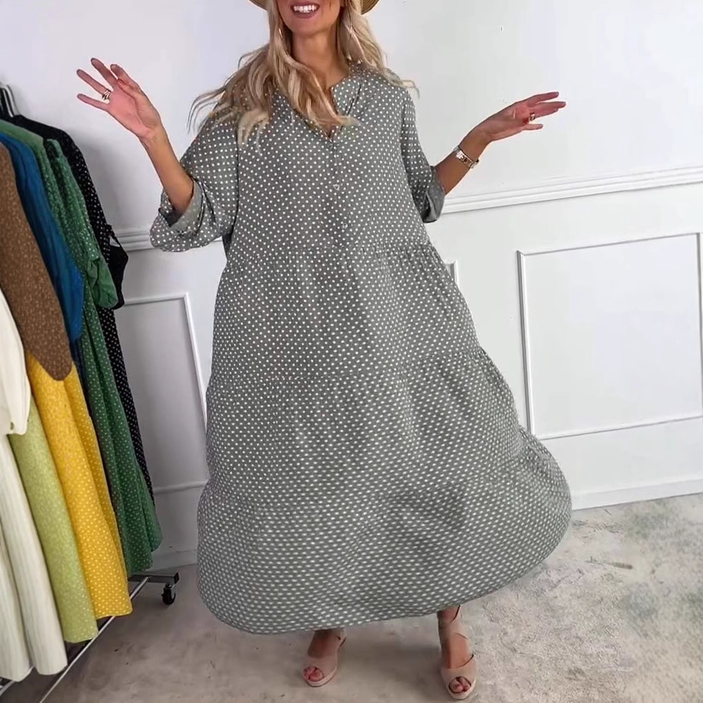 Polka Dot Button Down Loose Dress with Stand Collar