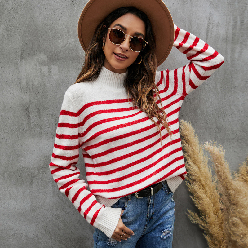 Striped Knit Sweater Loose Fit Long Sleeve Stand Collar Pullover