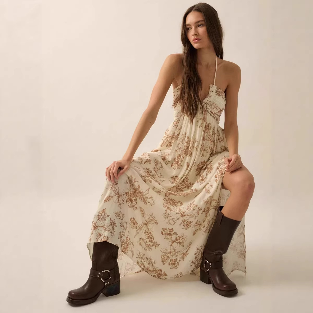 Women's Sleeveless Halter Open-Back Digital Print Slit Long Dress