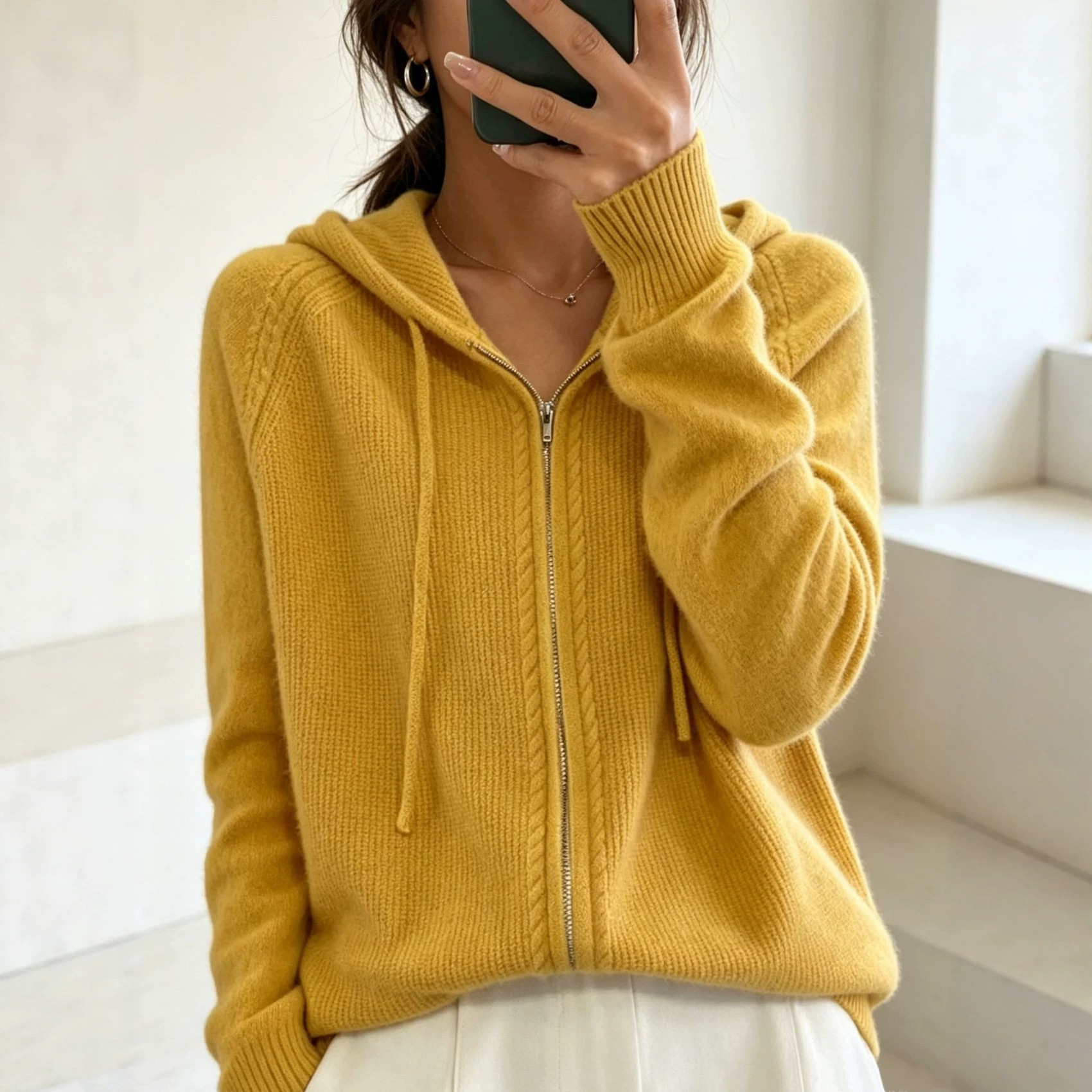 Women's Solid Hooded Faux Wool Cardigan Zip-Up Knit Sweater