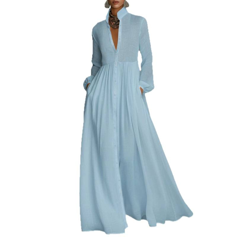 Textured Stand Collar Long Shirt Dress with Lantern Sleeves and Pockets
