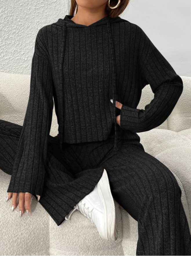 Women's Casual Knit Hoodie and Straight-Leg Pants Two-Piece Set