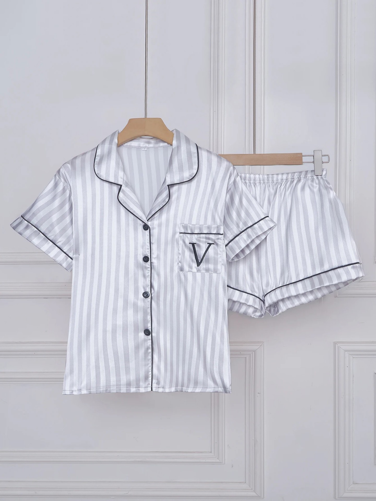 Women's Cuban Collar Striped Letter Short Sleeve Shirt Set