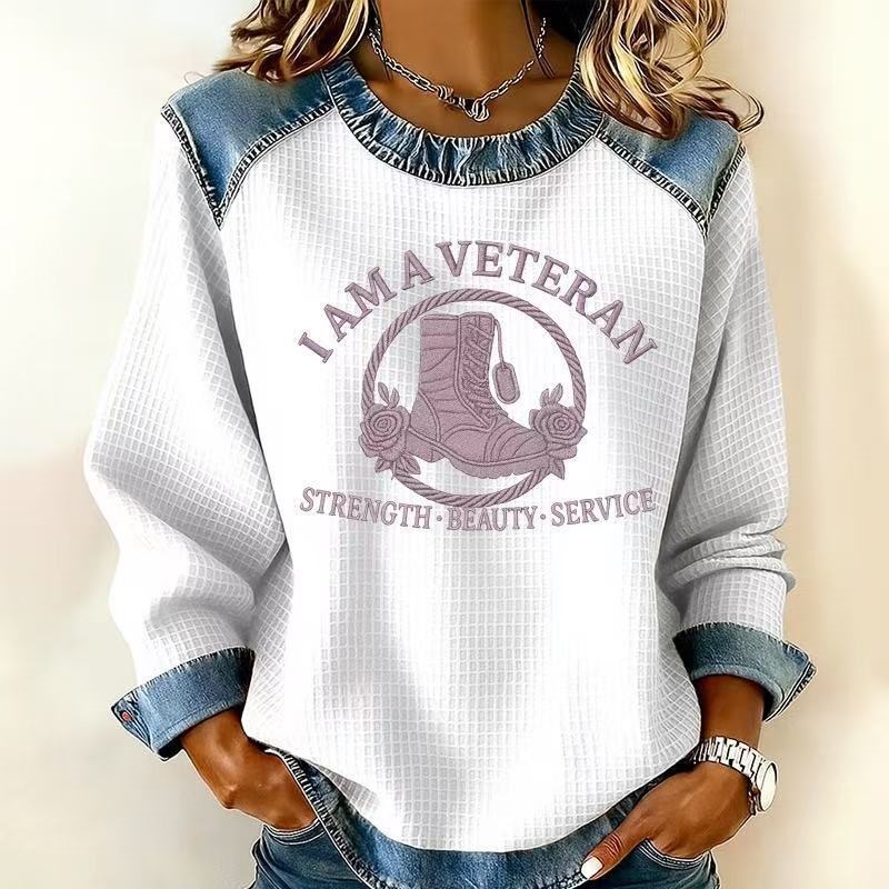 3D Print Colorblock Denim Collar Pullover Sweatshirt Women's Long Sleeve Loose Fit