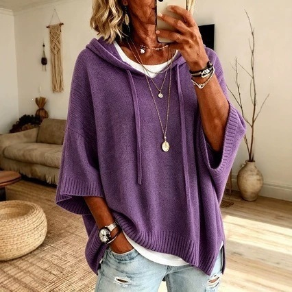 Women's Knit Hooded Drawstring Sweater Pullover Loose Fit Purple