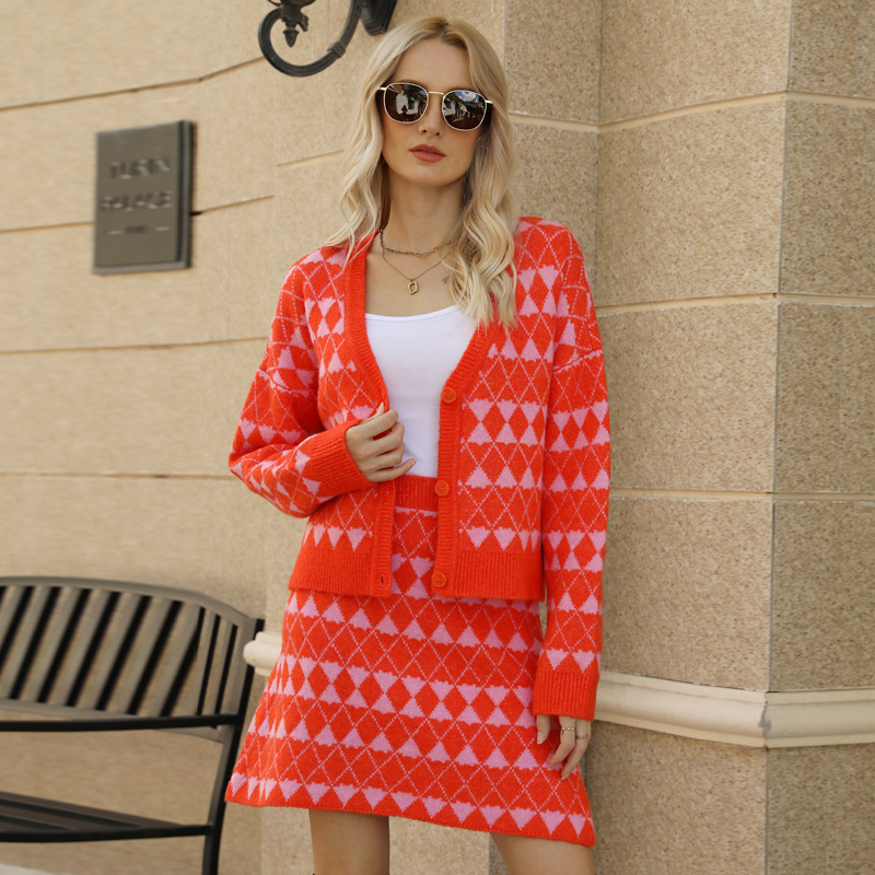 V-Neck Cardigan Knit Set with A-Line Skirt Jacquard Two-Piece