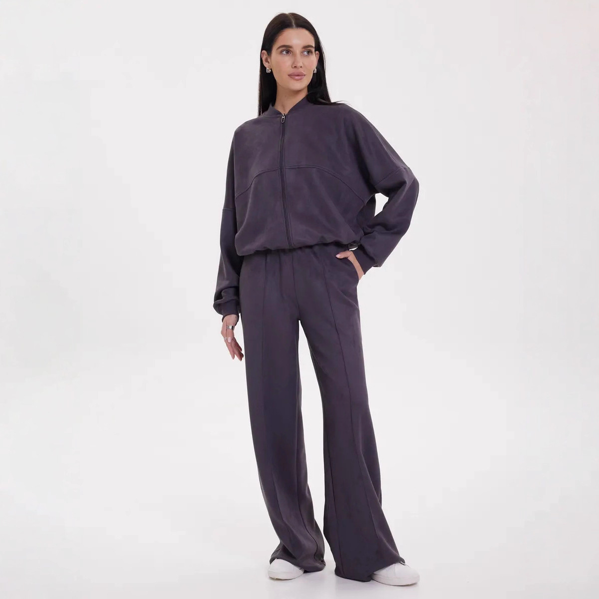 Women's Velvet Two-Piece Set with Zip Cardigan and Elastic Wide-Leg Pants